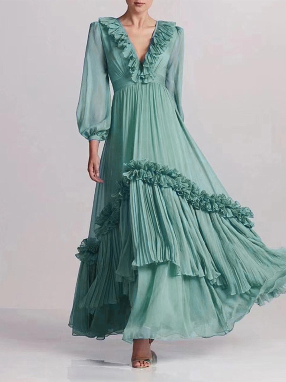 Alizée | Maxi Jurk met Ruffles en Geplooide Rok
