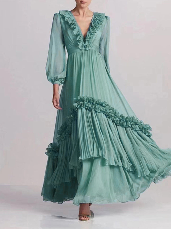 Alizée | Maxi Jurk met Ruffles en Geplooide Rok