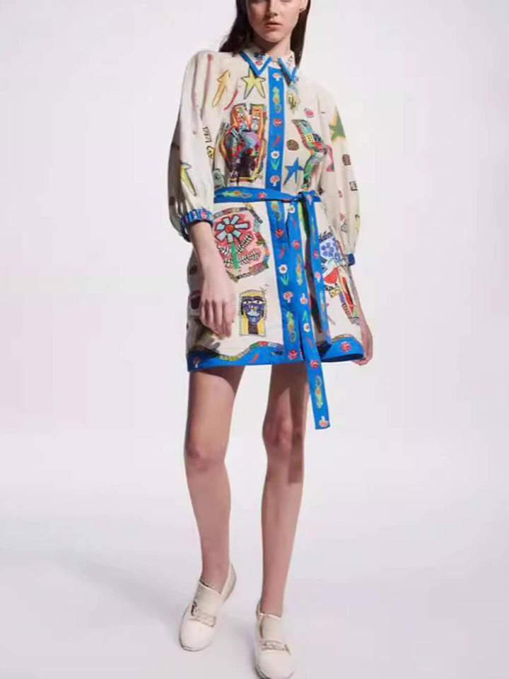 Bente | Mini Jurk met Artistieke Print en Ceintuur