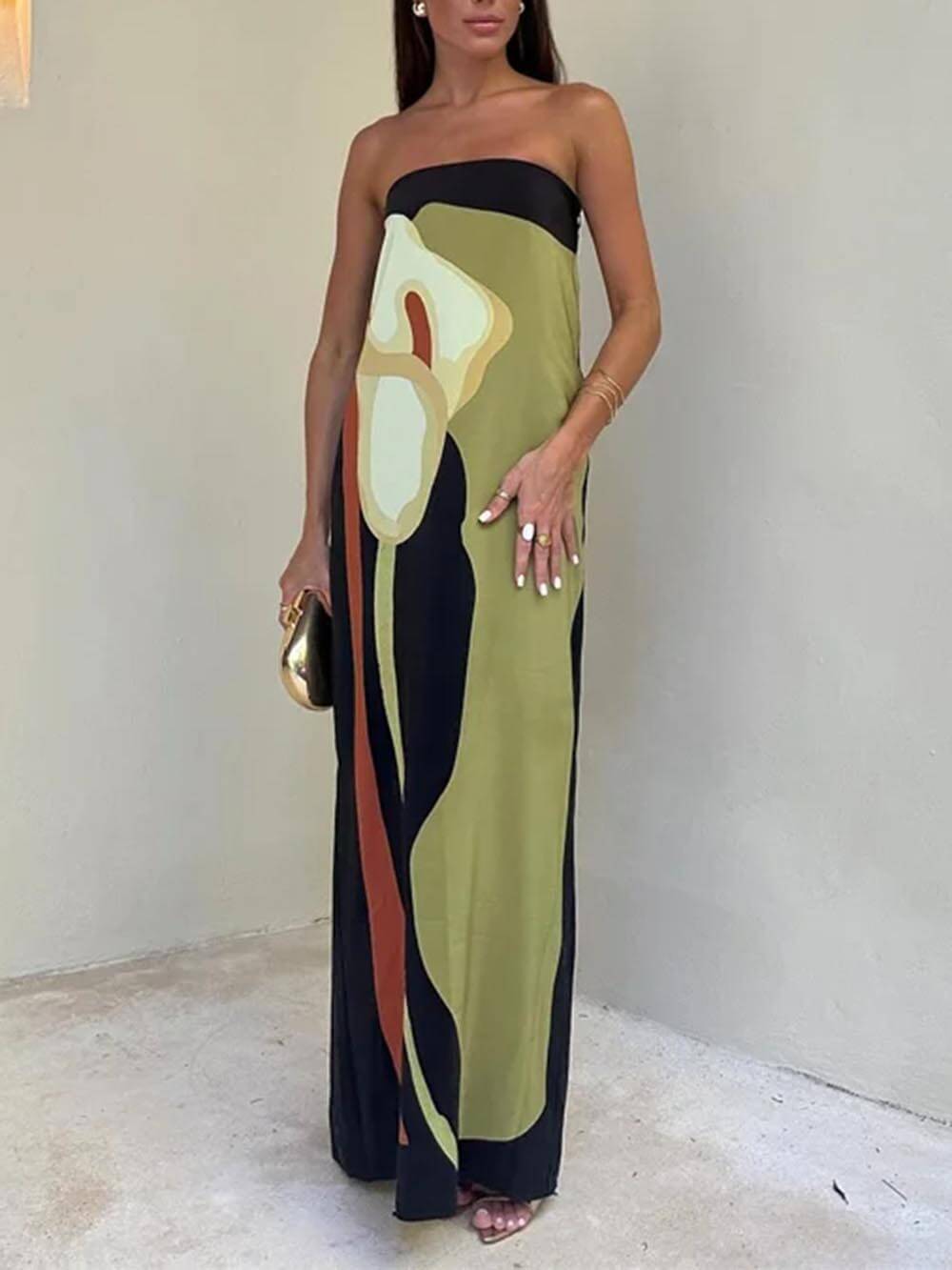 Valérie | Strapless Maxi Jurk met Artistieke Print