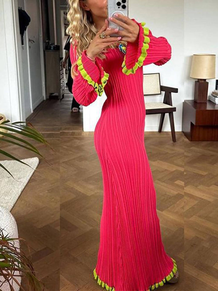Zinnia | Maxi Jurk met Ribstructuur en Contrasterende Ruffles