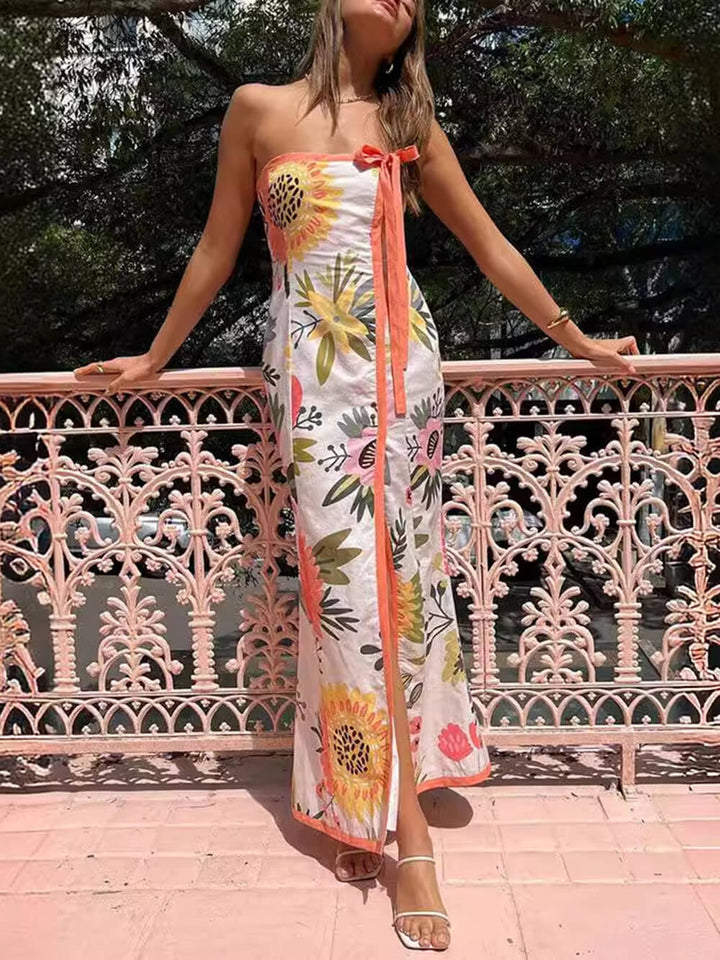Hanne | Strapless Maxi Jurk met Bloemenprint en Split