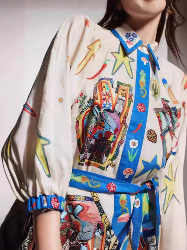 Bente | Mini Jurk met Artistieke Print en Ceintuur