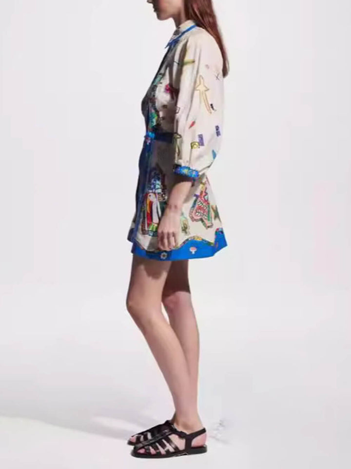 Bente | Mini Jurk met Artistieke Print en Ceintuur