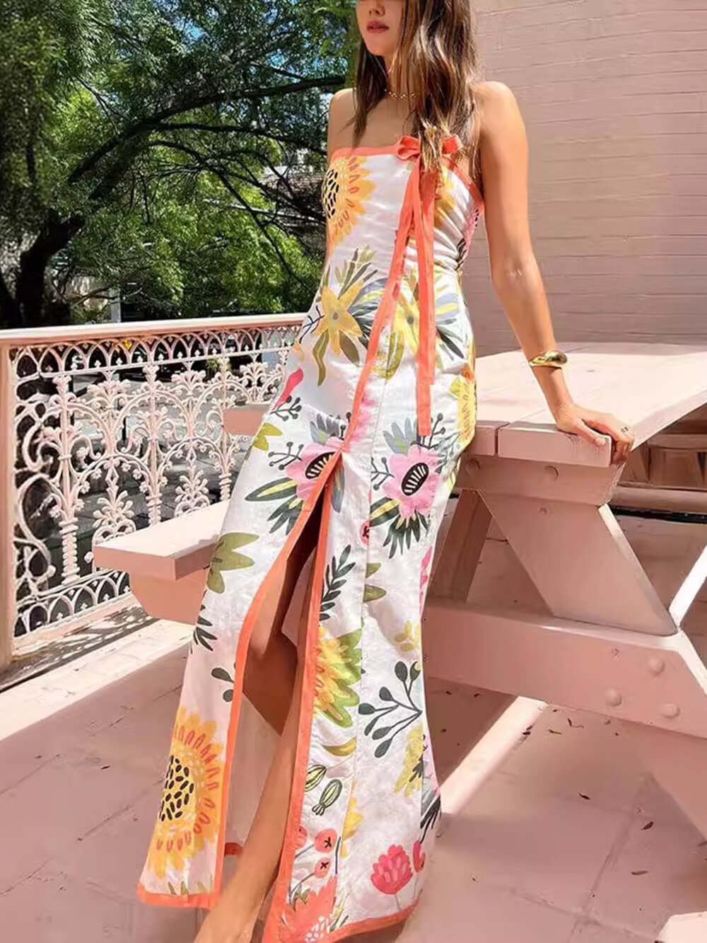 Hanne | Strapless Maxi Jurk met Bloemenprint en Split