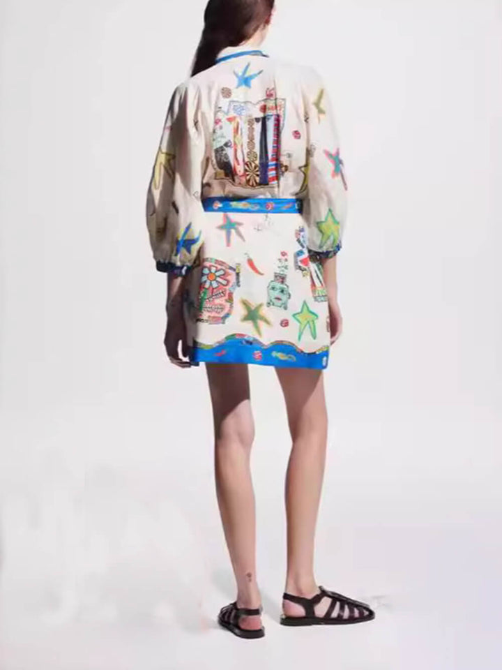 Bente | Mini Jurk met Artistieke Print en Ceintuur