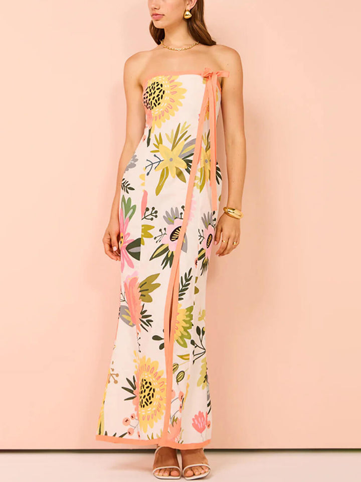 Hanne | Strapless Maxi Jurk met Bloemenprint en Split