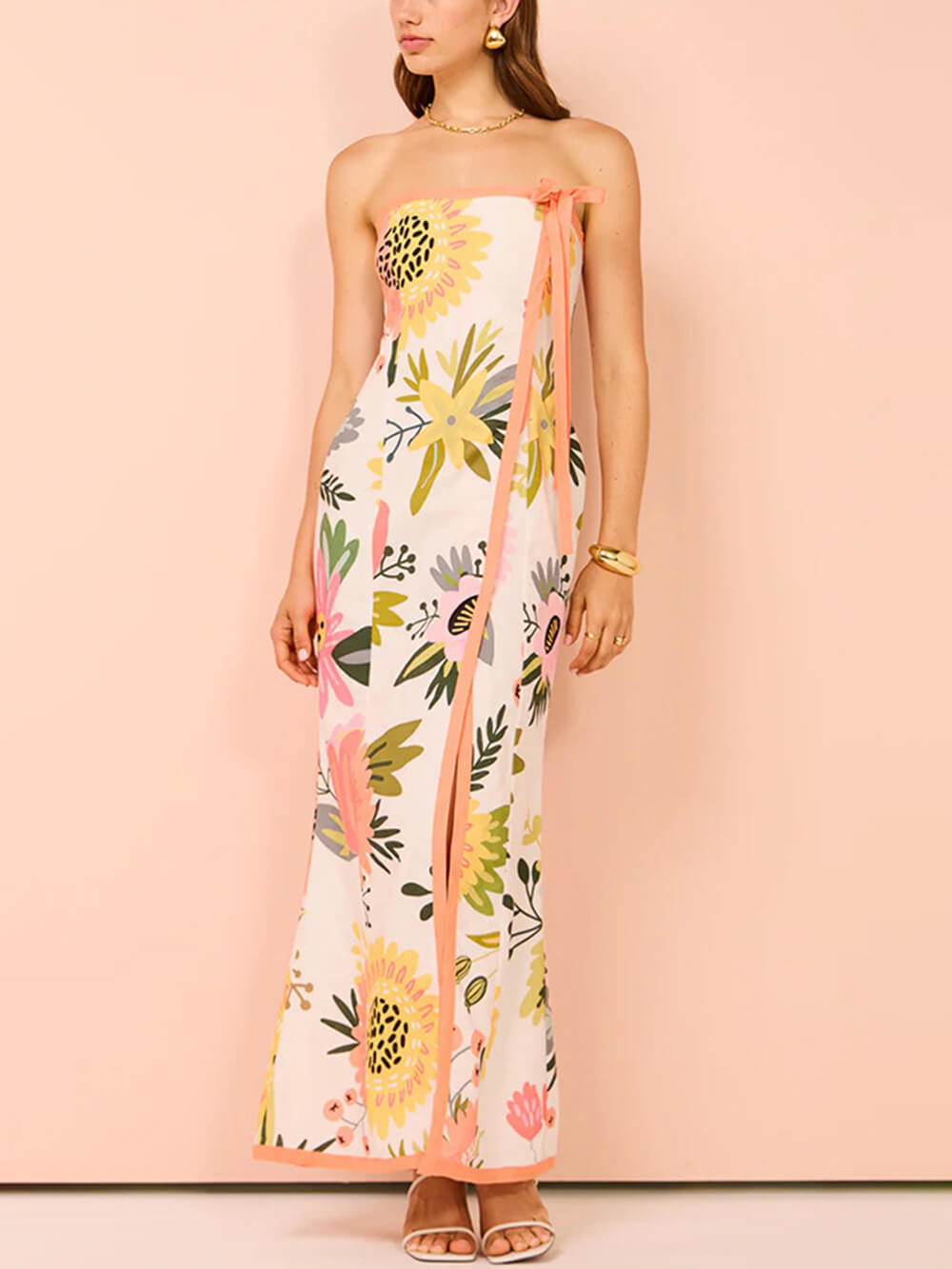 Hanne | Strapless Maxi Jurk met Bloemenprint en Split