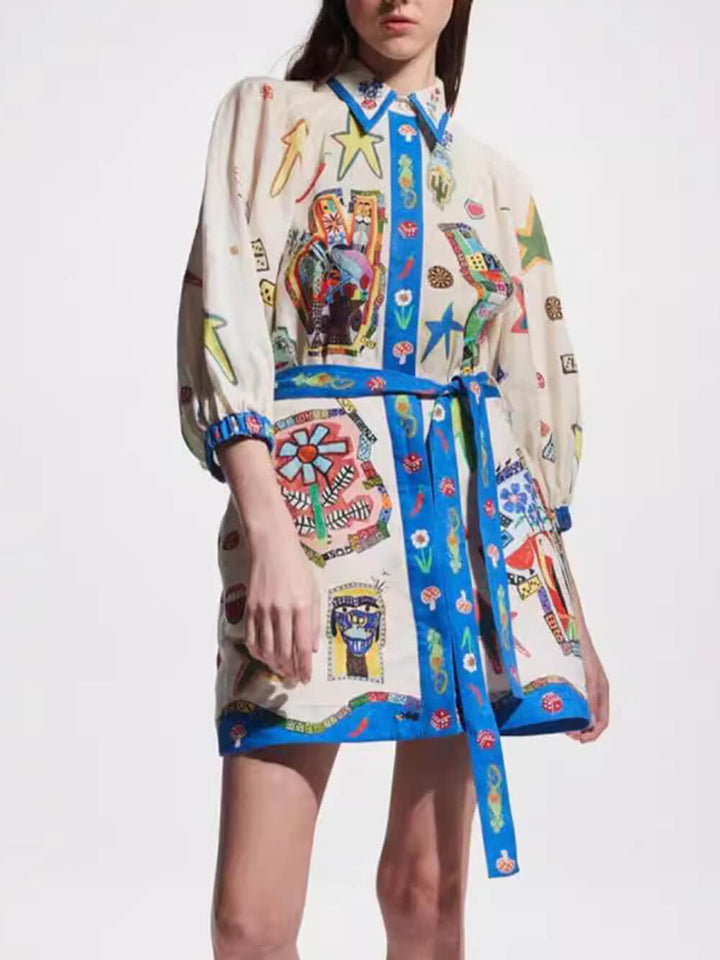 Bente | Mini Jurk met Artistieke Print en Ceintuur