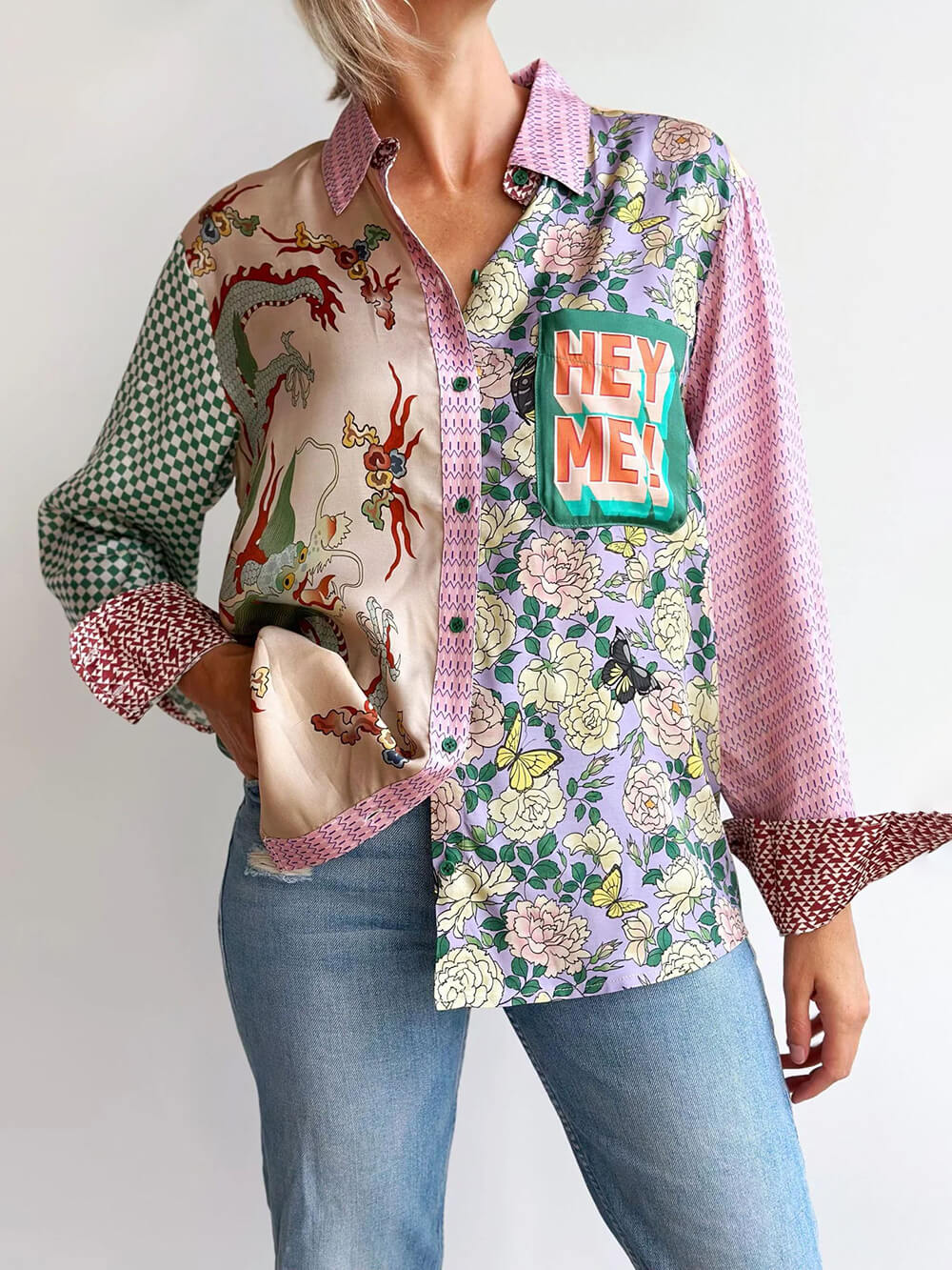Ada | Blouse met Patchwork Print en Statement Detail