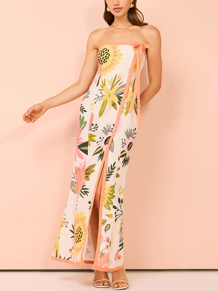 Hanne | Strapless Maxi Jurk met Bloemenprint en Split