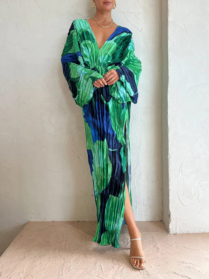 Livia | Plissé Maxi Jurk met V-Hals