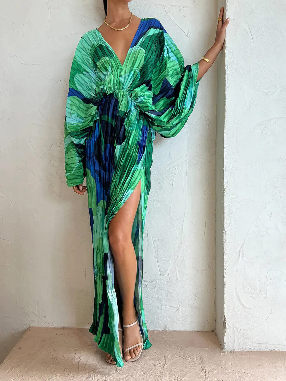 Livia | Plissé Maxi Jurk met V-Hals