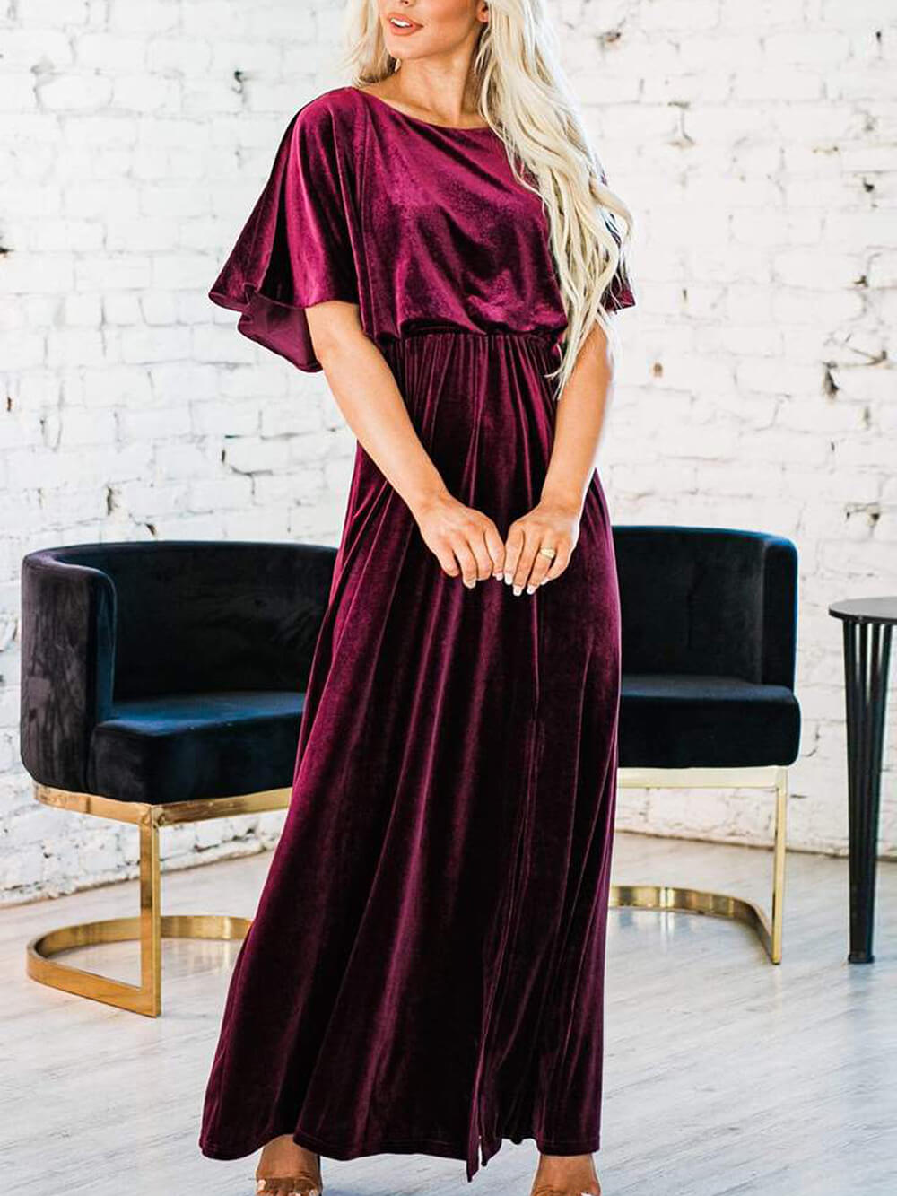 Fleurine | Maxi Jurk met Flared Mouwen en Zachte Structuur
