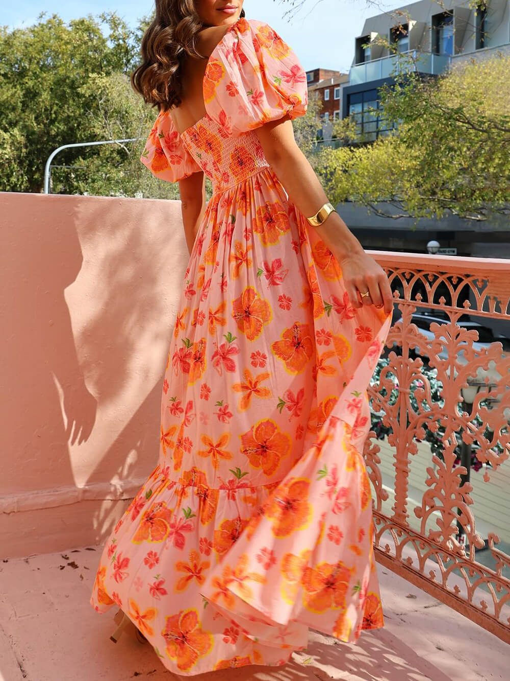 Nienke | Maxi Jurk met Pofmouwen en Bloemenprint