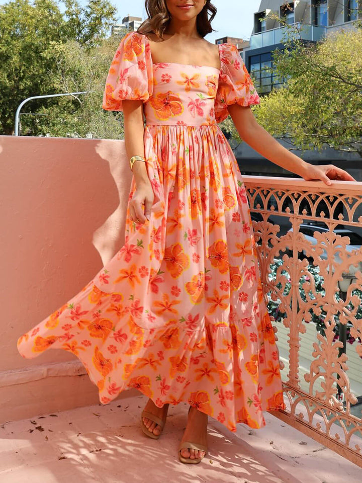 Nienke | Maxi Jurk met Pofmouwen en Bloemenprint