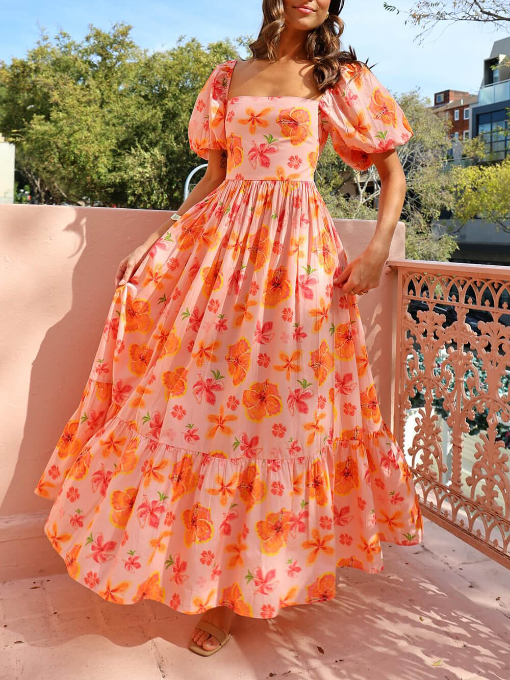 Nienke | Maxi Jurk met Pofmouwen en Bloemenprint