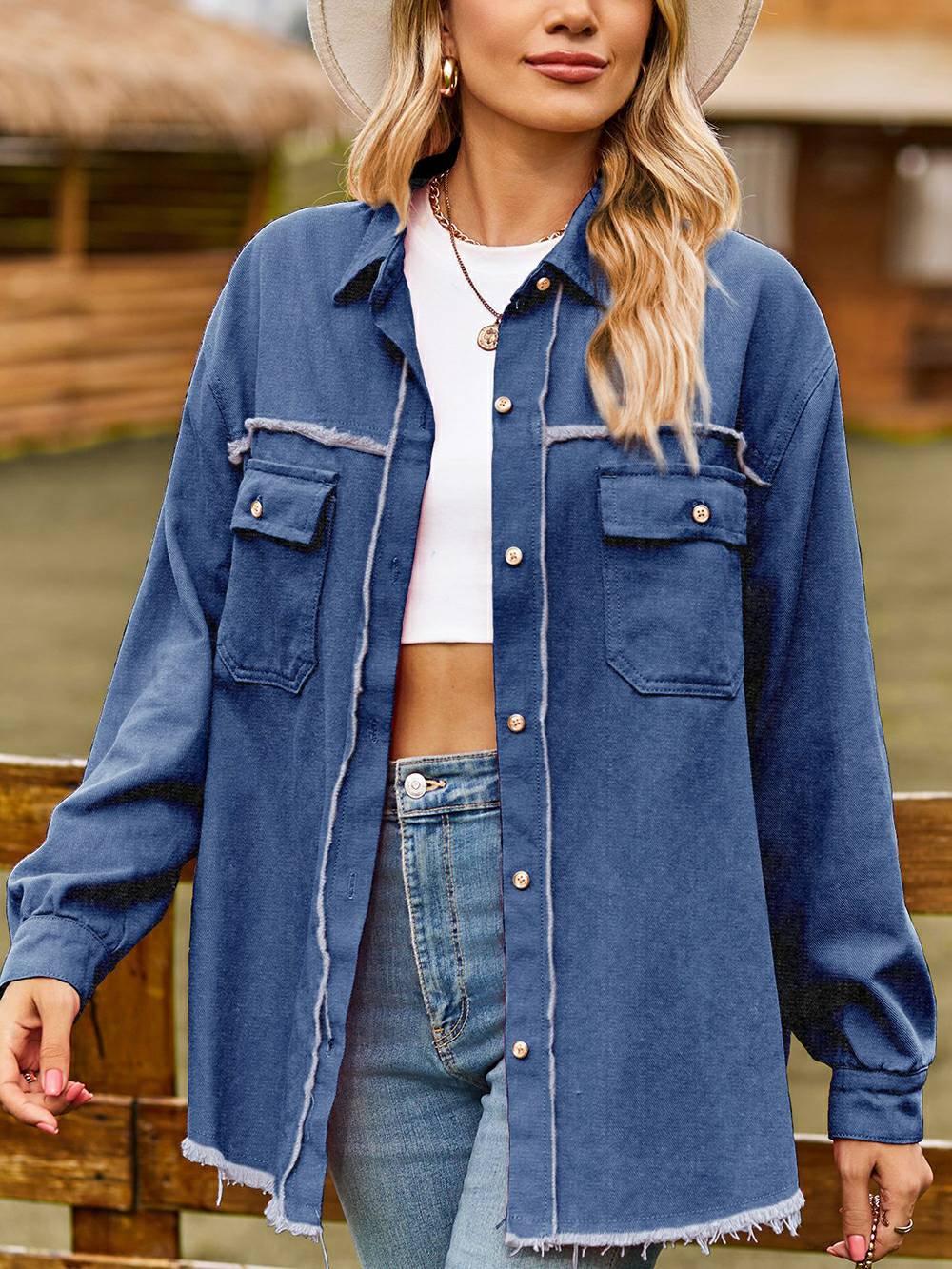 Adrian | Denim Overshirt met Rafel Details en Relaxte Fit