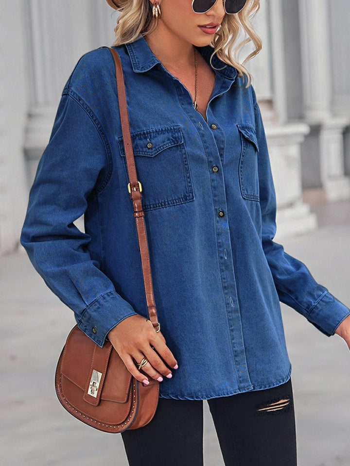 Adriana | Denim Blouse met Donkere Wassing en Utility Details