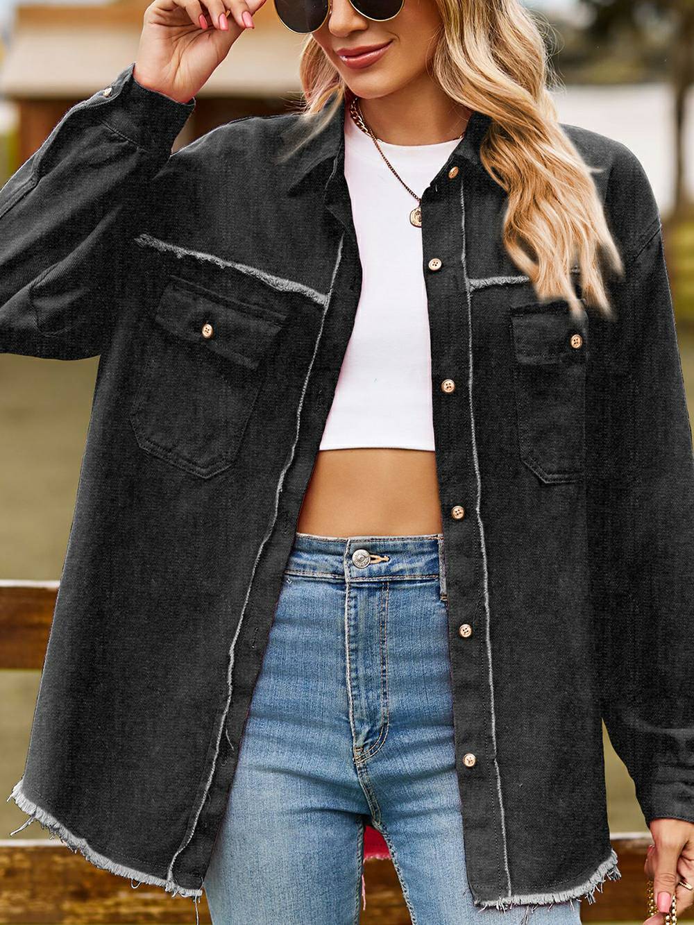 Adrian | Denim Overshirt met Rafel Details en Relaxte Fit