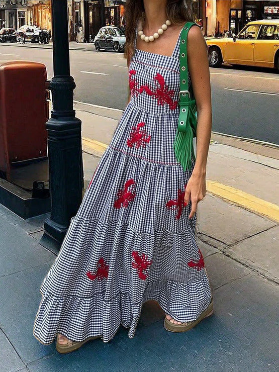 Veerle | Maxi Jurk met Ruitpatroon en Borduurdetails