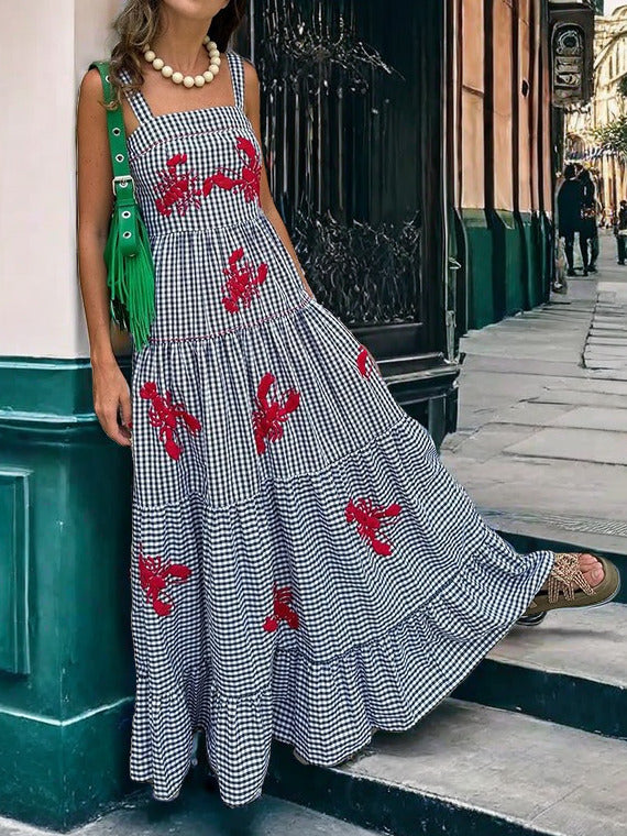 Veerle | Maxi Jurk met Ruitpatroon en Borduurdetails