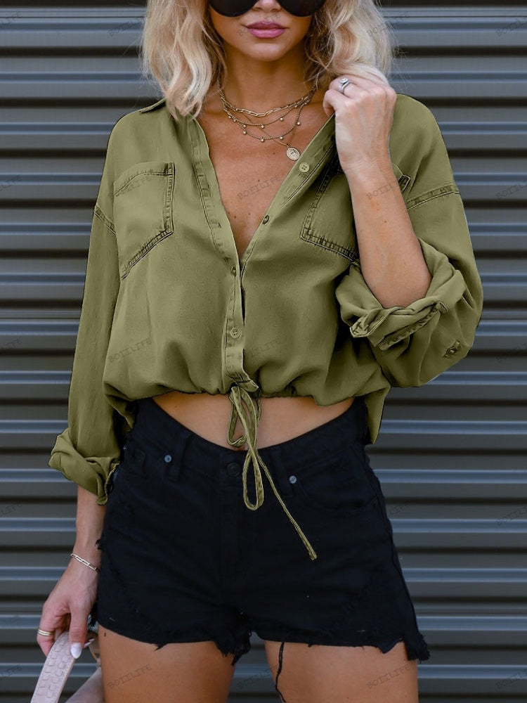 Shana | Denim Blouse met Trekkoord en Cropped Fit