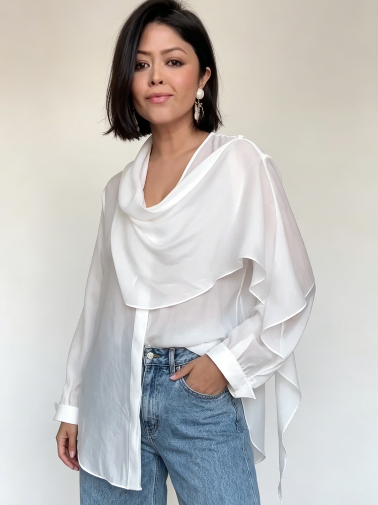 Laura | Blouse met Watervalhals en Luchtige Mouwen