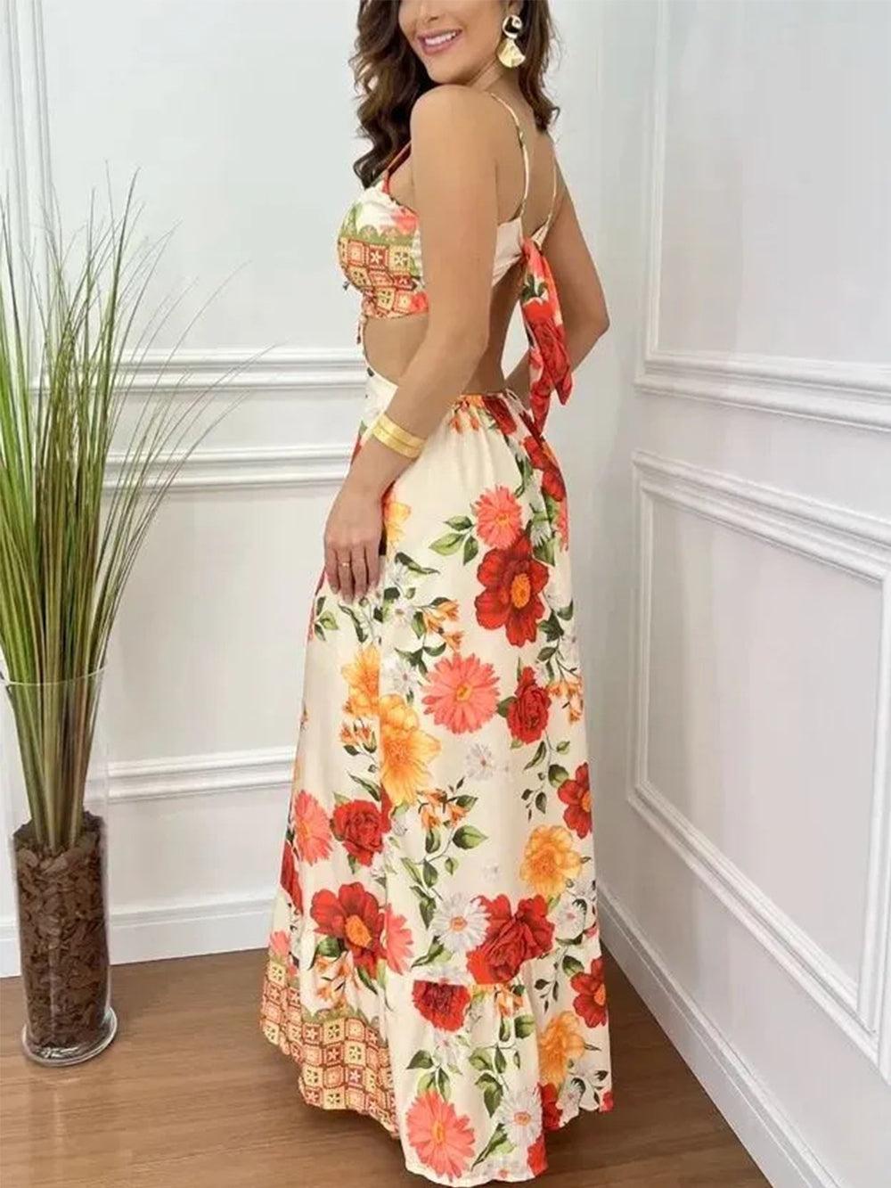 Yara | Maxi Jurk met Bloemenprint en Open Taille