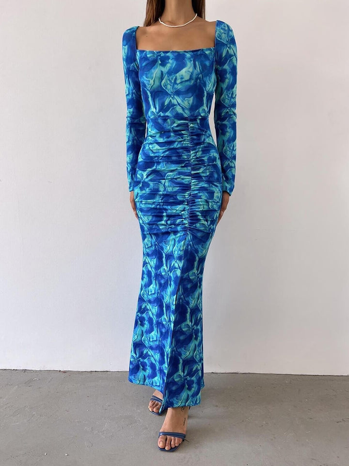 Isolde | Maxi Jurk met Marmerprint en Gedrapeerde Taille