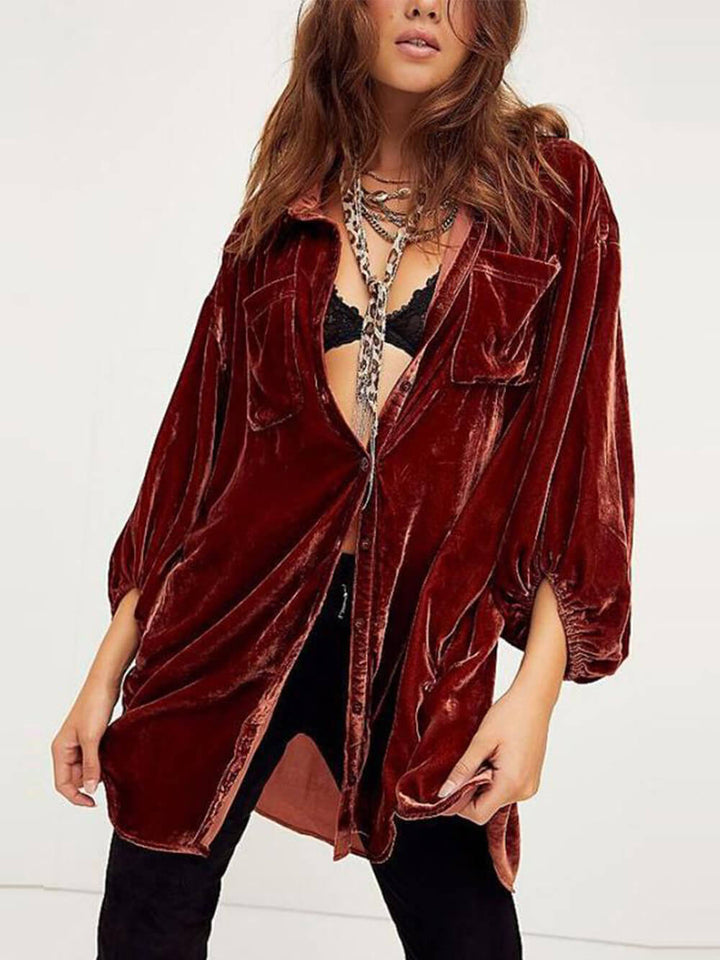 Adrie | Fluwelen Blouse met Oversized Fit en Utility Details