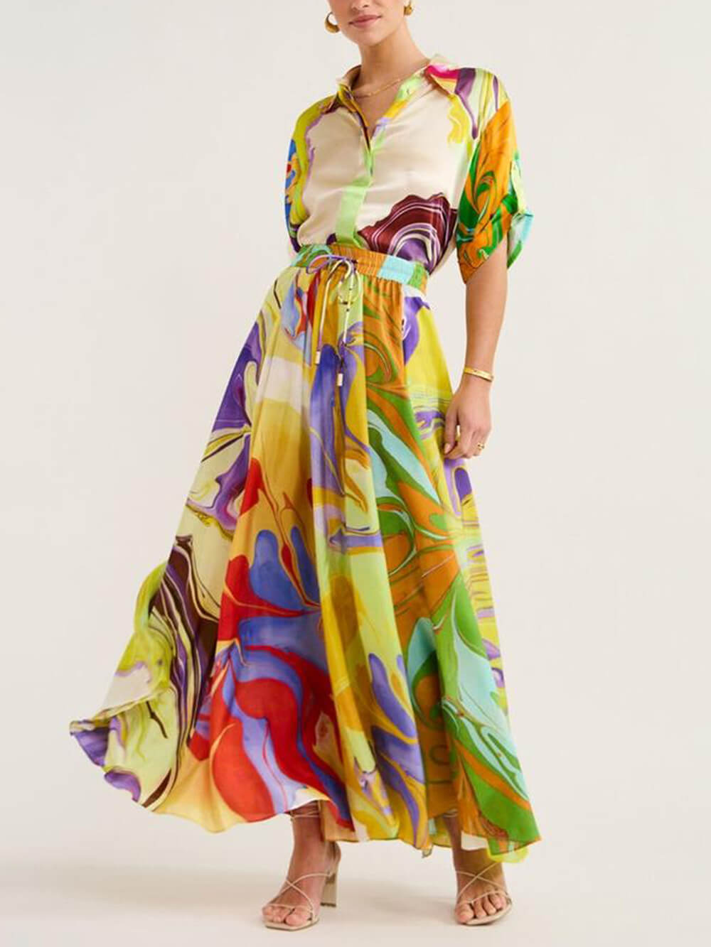 Maaike | Maxi Jurk met Abstracte Print en Kraag