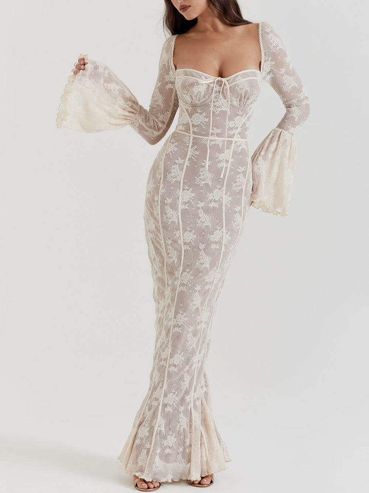 Aveline | Maxi Jurk met Kant en Flared Mouwen