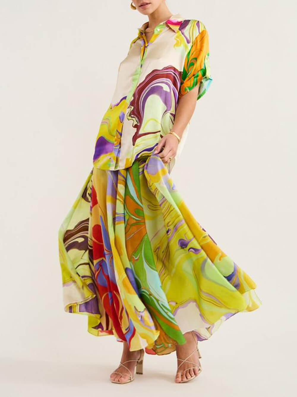 Maaike | Maxi Jurk met Abstracte Print en Kraag