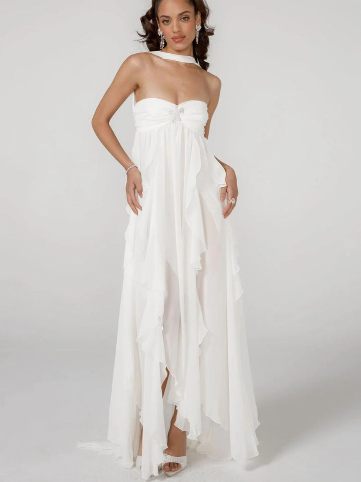 Fenna | Maxi Jurk met Ruffles en Halterdetail