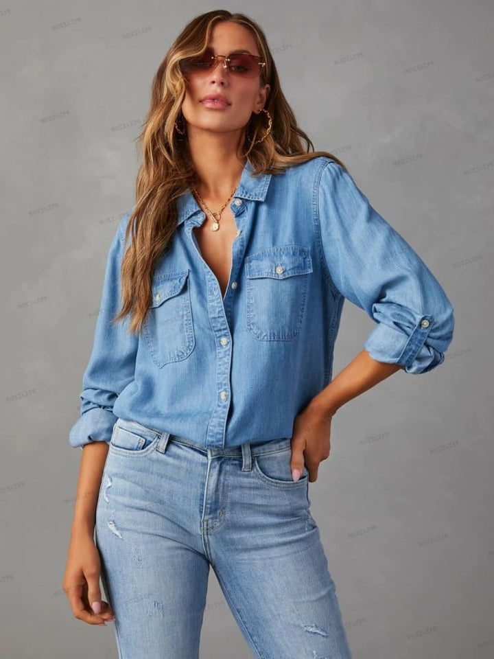 Lieke | Denim Blouse met Zachte Washed Look en Borstzakken