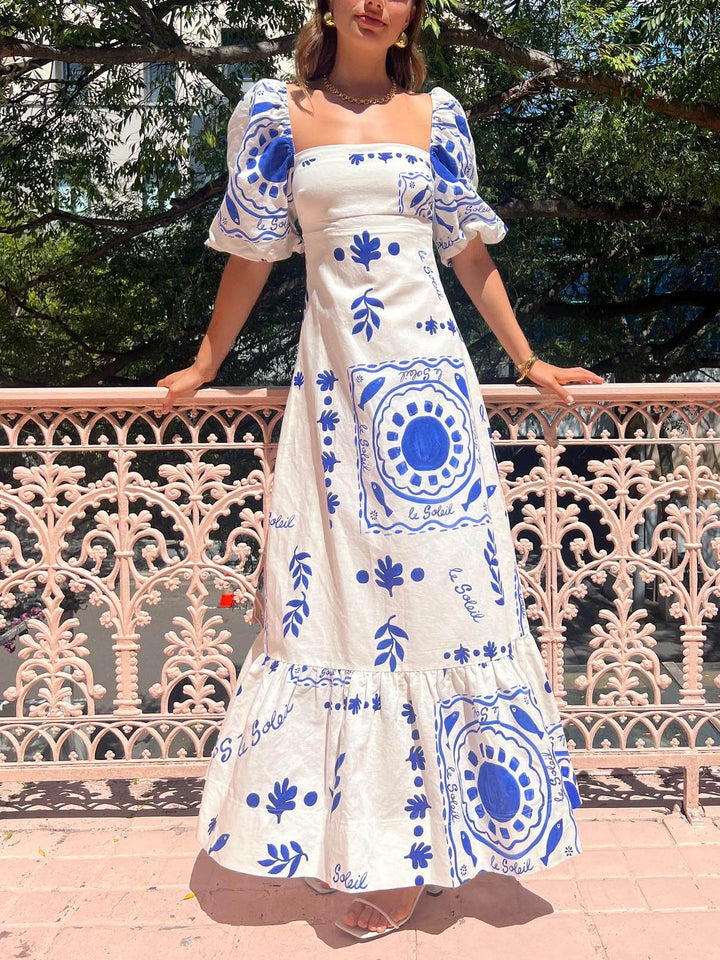 Marit | Maxi Jurk met Pofmouwen en Print