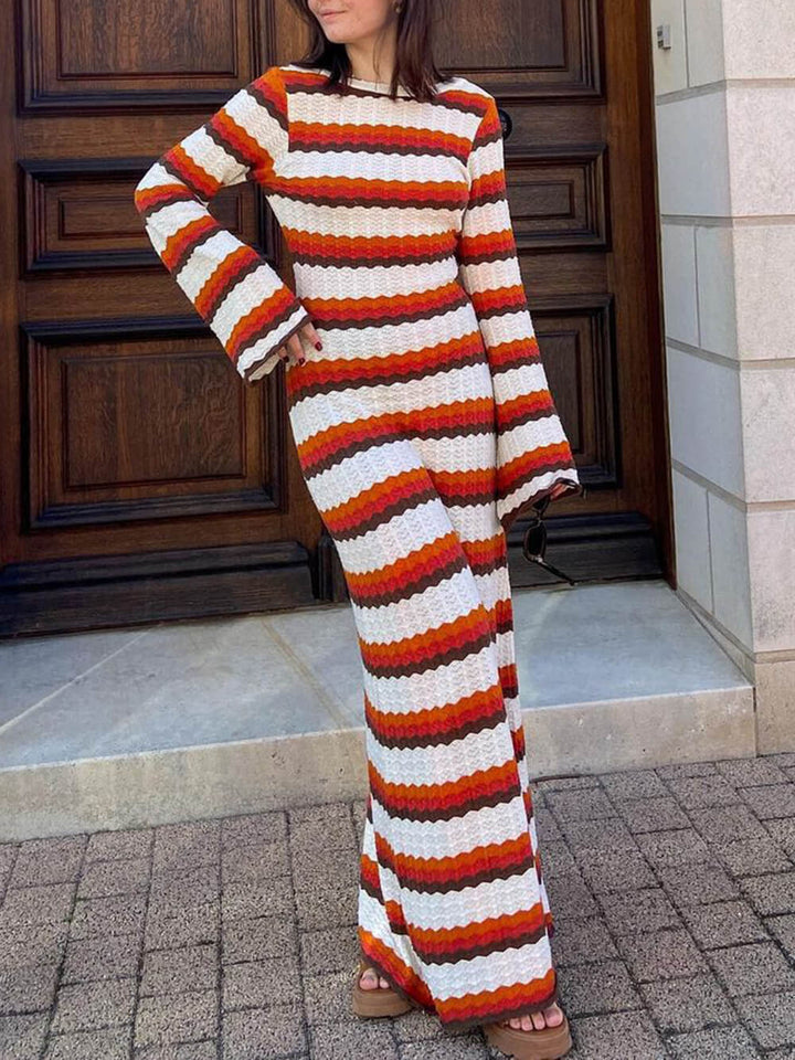Yaraine | Maxi Jurk met Retro Strepen en Flared Mouwen