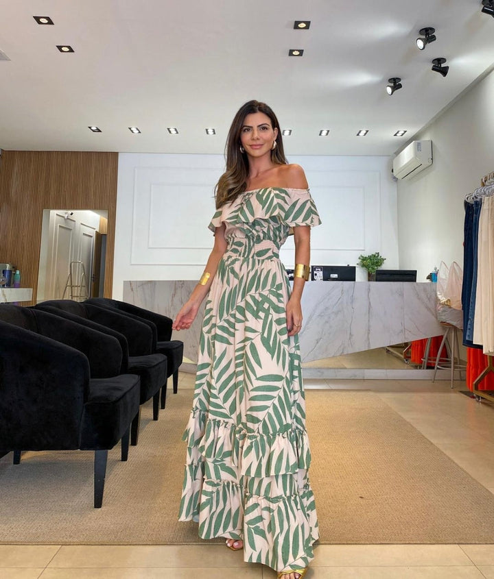 Nina | Off Shoulder Maxi Jurk met Bladprint