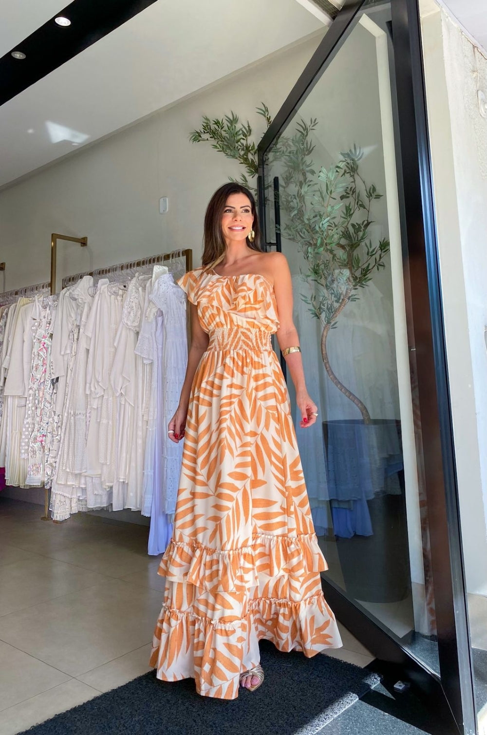 Nina | Off Shoulder Maxi Jurk met Bladprint