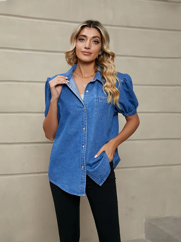 Julia | Denim Blouse met Pofmouwen en Klassieke Kraag