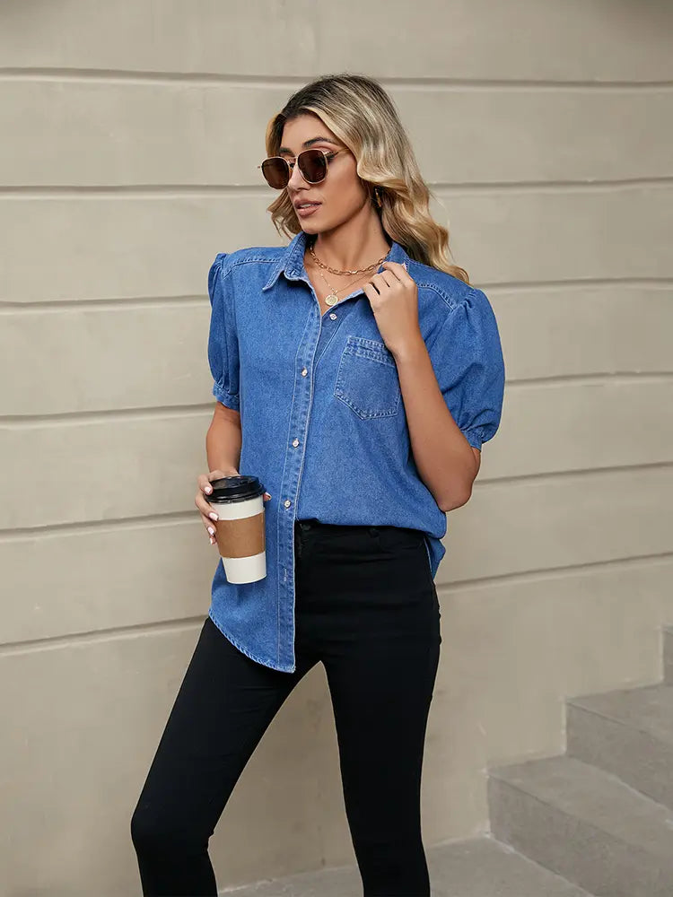 Julia | Denim Blouse met Pofmouwen en Klassieke Kraag