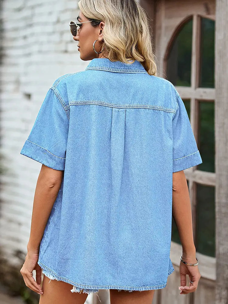 Anna | Denim Blouse met Korte Mouwen en Casual Fit