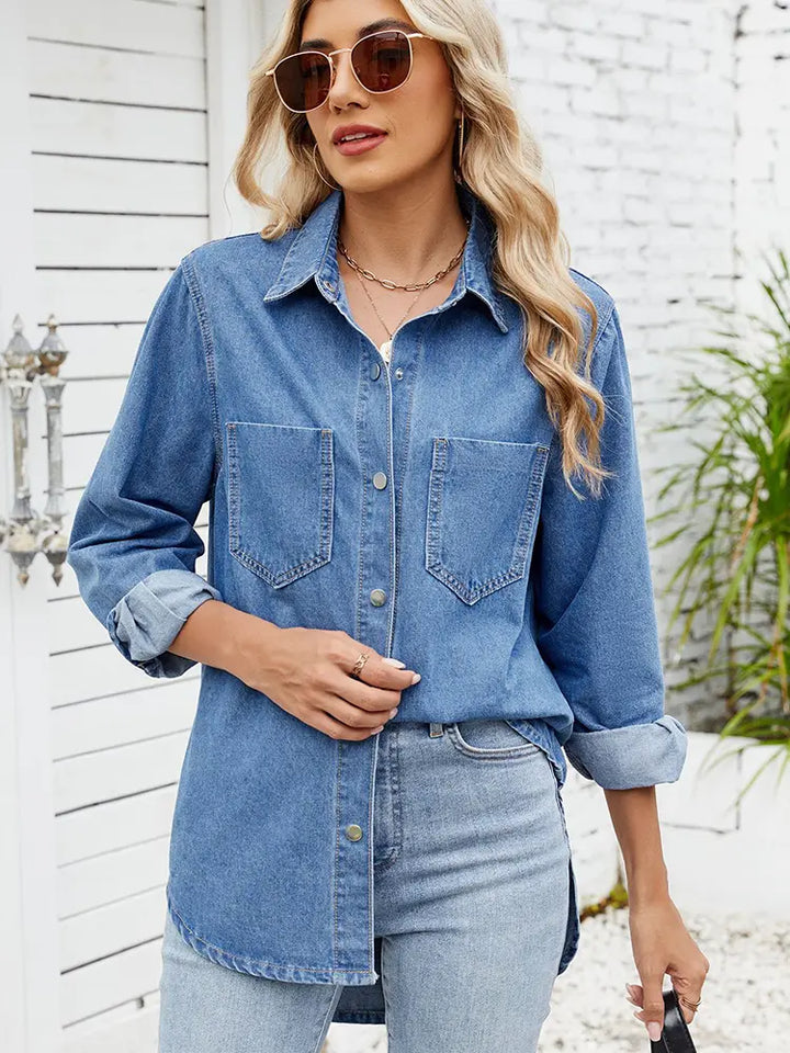 Anne | Denim Blouse met Relaxte Pasvorm en Borstzakken