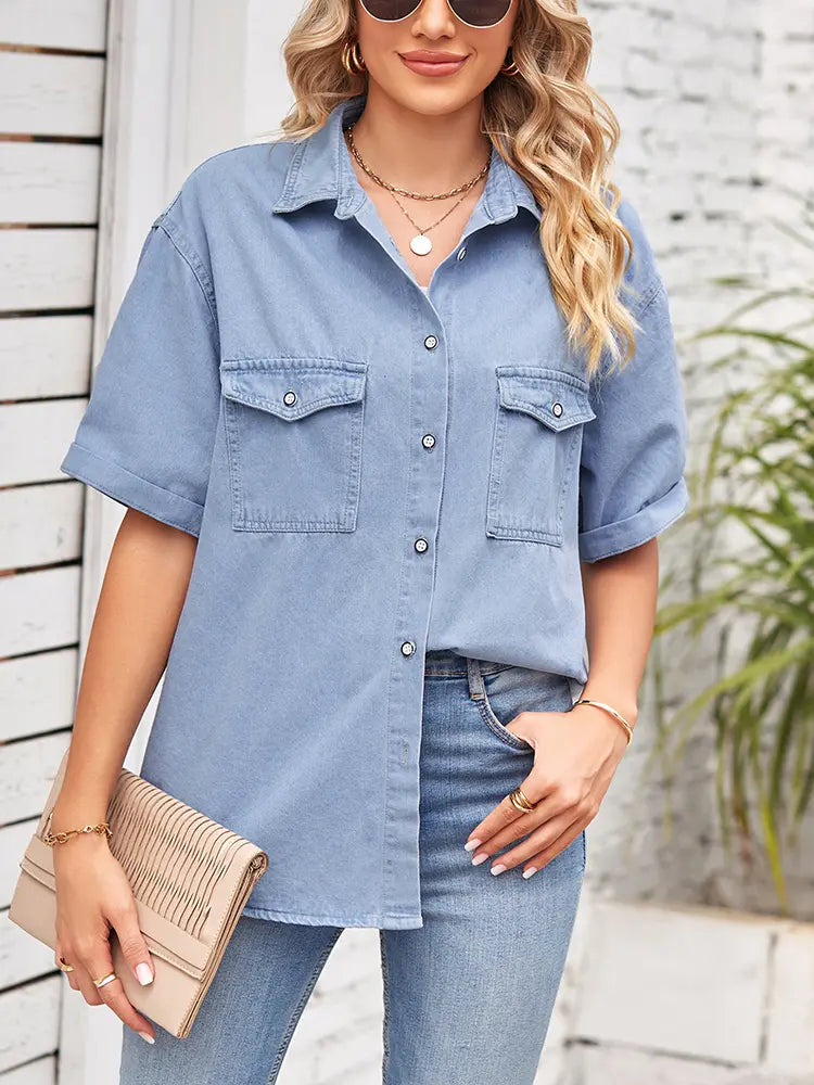 Saar | Denim Blouse met Korte Mouwen en Utility Details