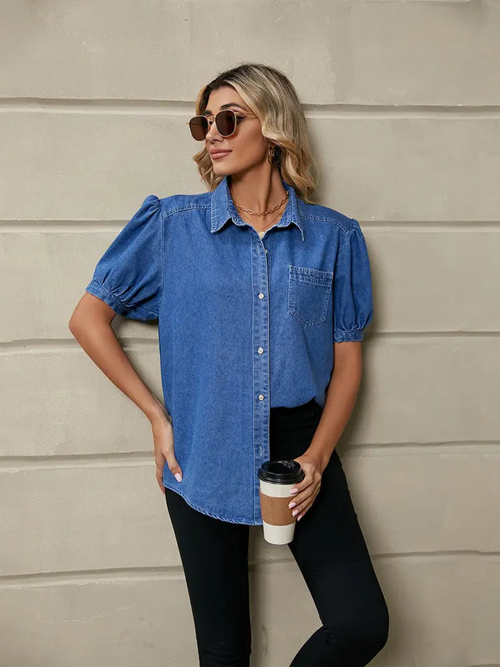 Julia | Denim Blouse met Pofmouwen en Klassieke Kraag