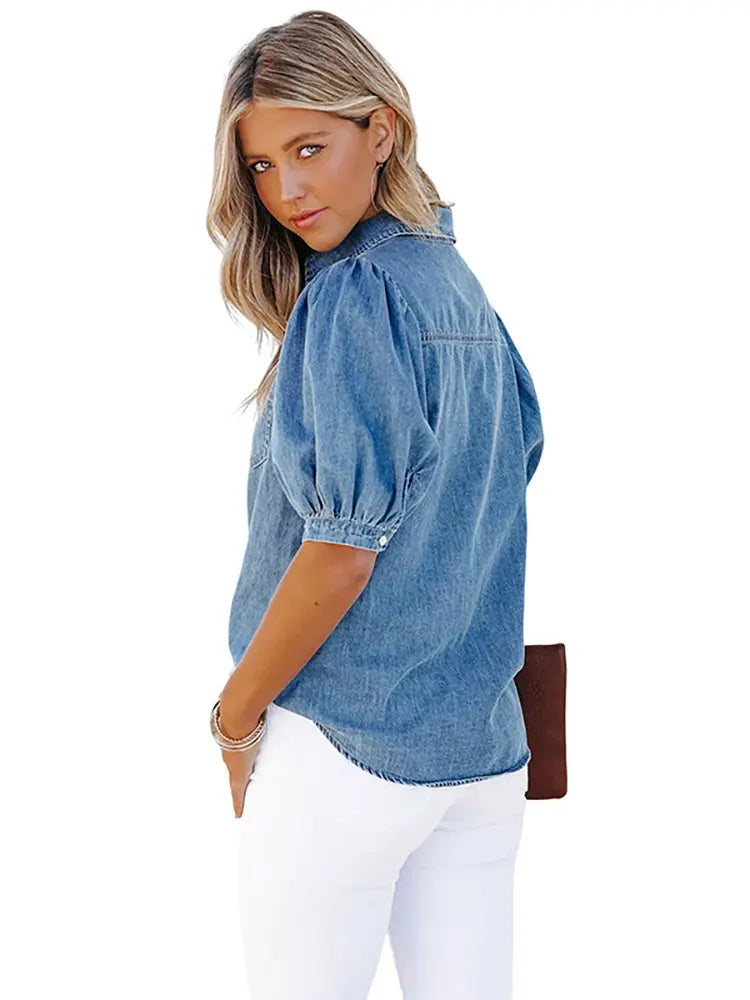 Nora | Denim Blouse met Pofmouwen en Casual Chic Look