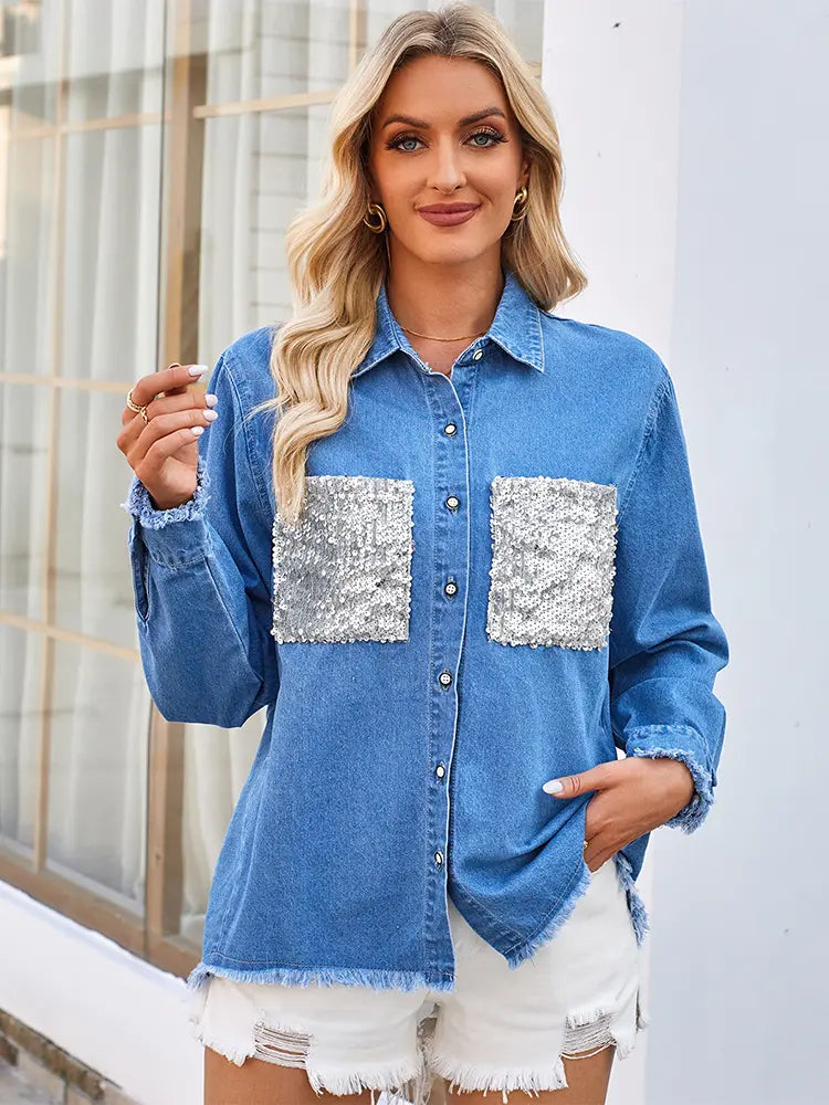Lynn | Denim Blouse met Pailletten Zakken en Stoere Afwerking