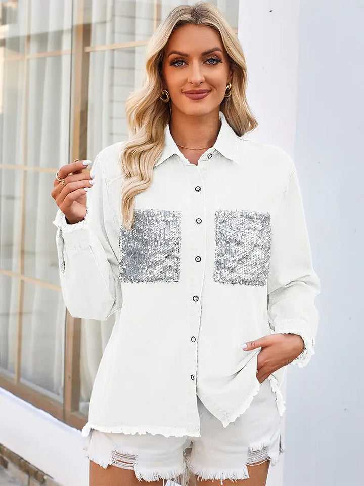 Lynn | Denim Blouse met Pailletten Zakken en Stoere Afwerking