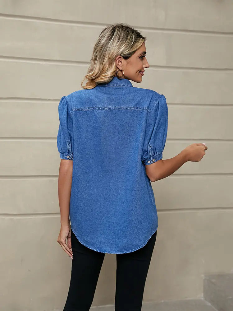Julia | Denim Blouse met Pofmouwen en Klassieke Kraag